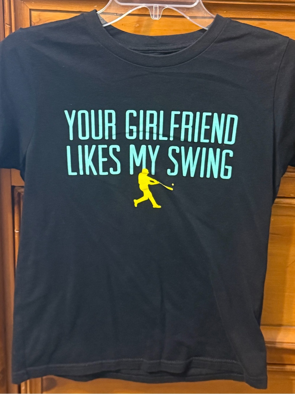 BSBL 101 Boys Black Graphic Swim Tee - Your Girlfriend Likes My Swing